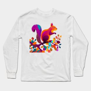 A whimsical, colorful squirrel perched on a branch Long Sleeve T-Shirt